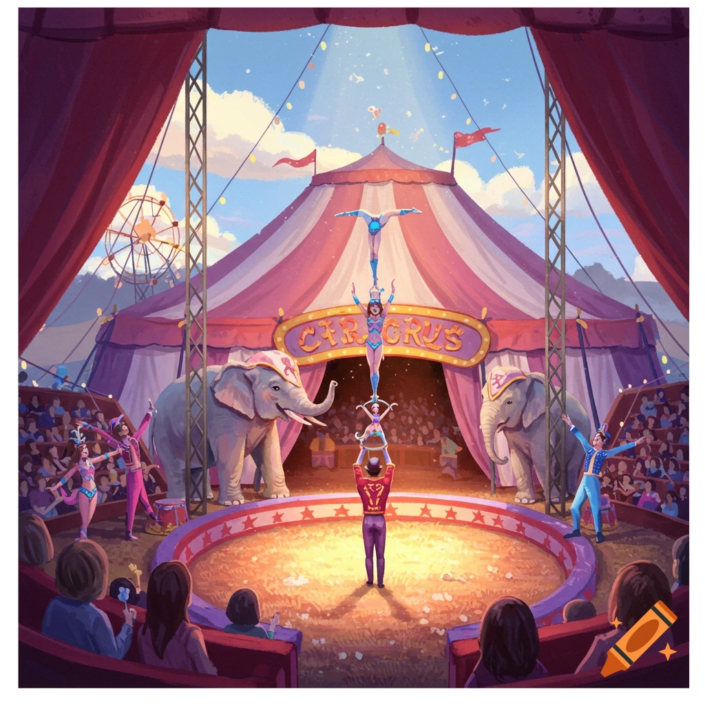 A vibrant illustration of a circus performance with acrobats, elephants, and an audience inside a big top tent.