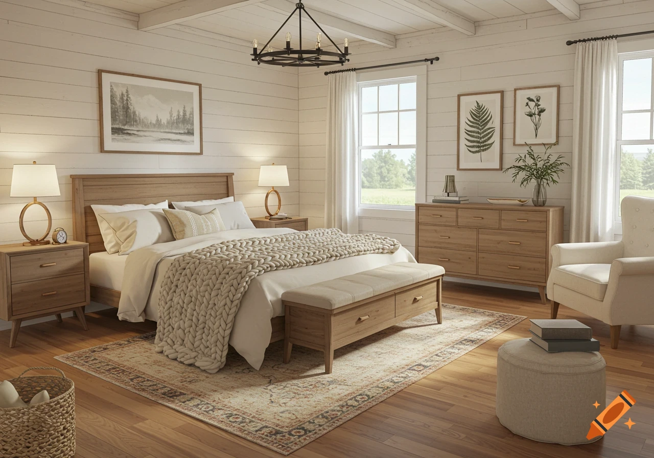 A spacious country-style bedroom with white shiplap walls, a large bed, wooden furniture, rug, and framed art.