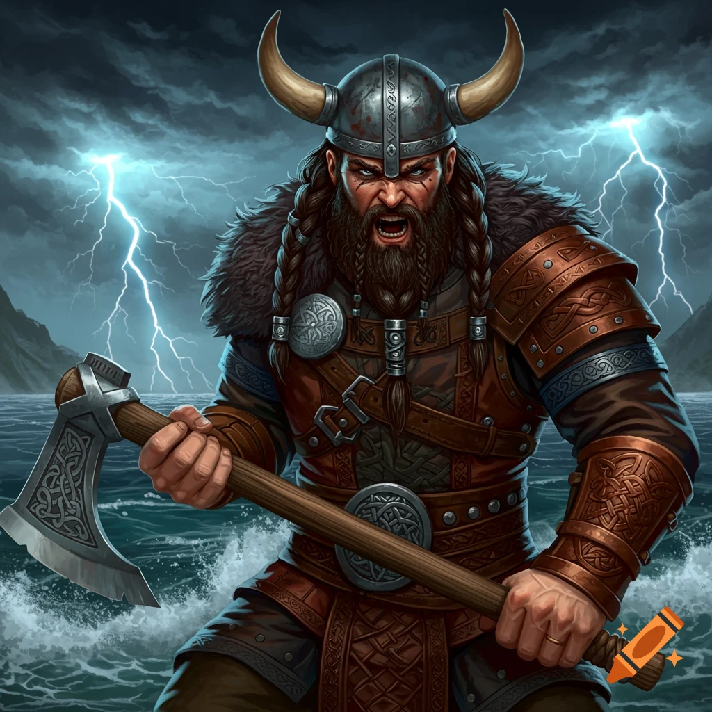 A fierce viking warrior with an axe stands by the sea under a stormy sky with lightning. Fantasy digital art.