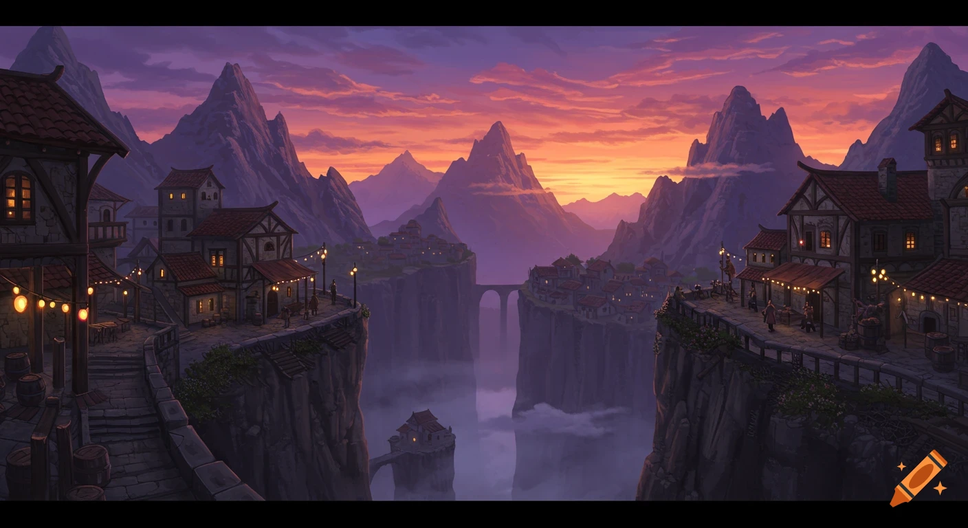 Fantasy art of a village built on cliffs overlooking a misty mountain range at sunset.
