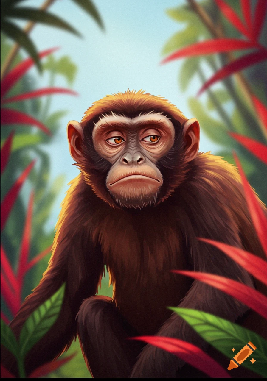 A stylized illustration of a monkey with a curt expression sitting in a jungle.