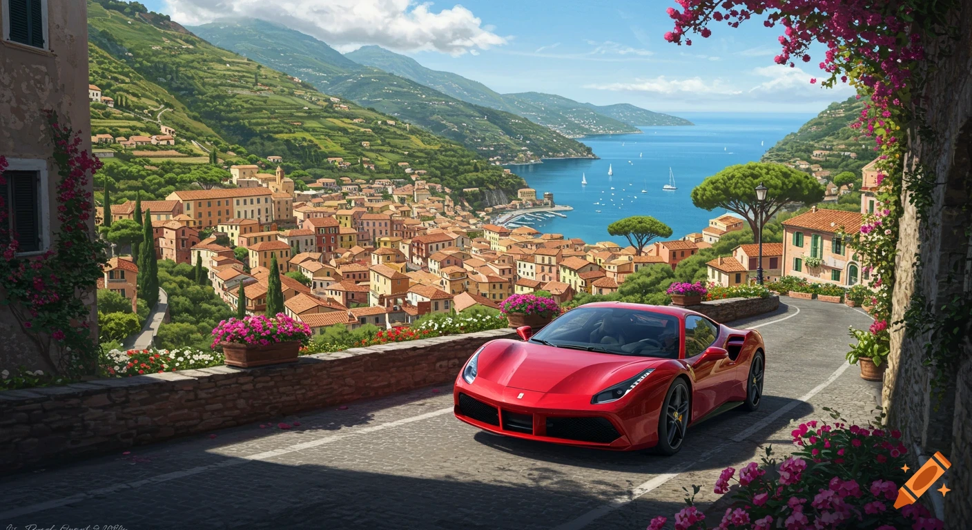 A red Ferrari drives on a winding road overlooking a picturesque Italian coastal town nestled among mountains and the sea.