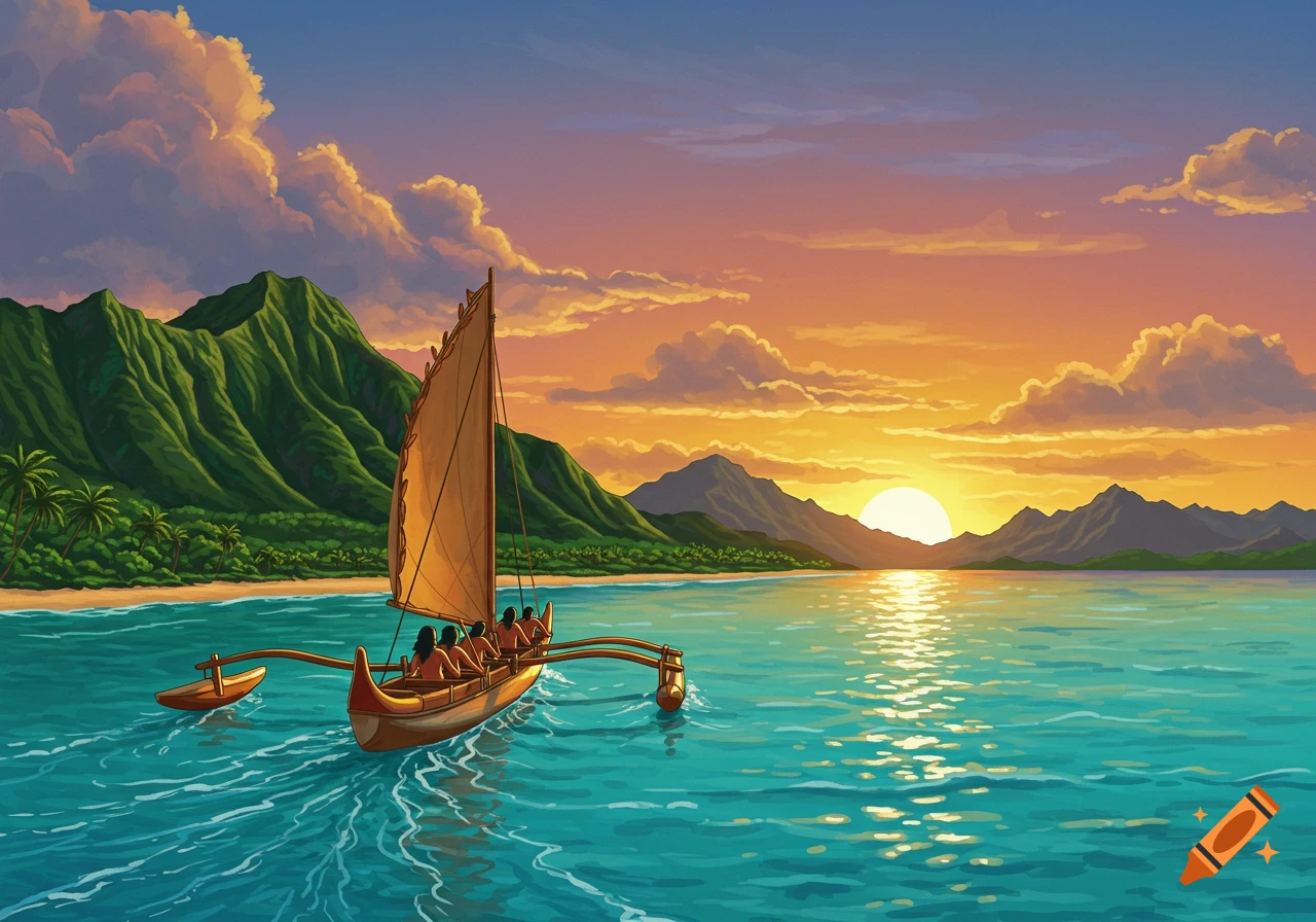 A canoe with people sails on tropical water near a beach and mountains at sunset in an illustrative style.