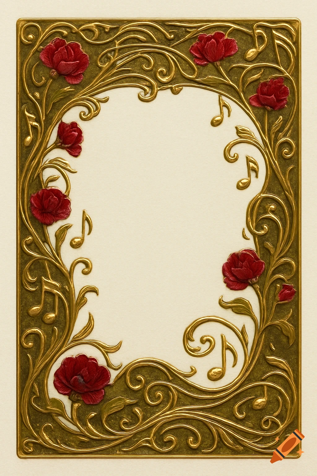Ornate Art Nouveau style frame with embossed gold swirls, red flowers, and musical notes