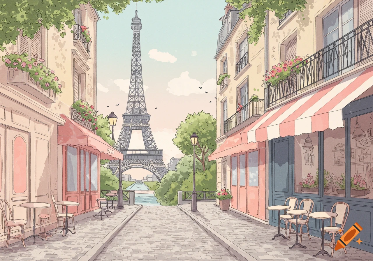 Pastel illustration of a Parisian street leading to the Eiffel Tower, with cafés, tables, and trees.