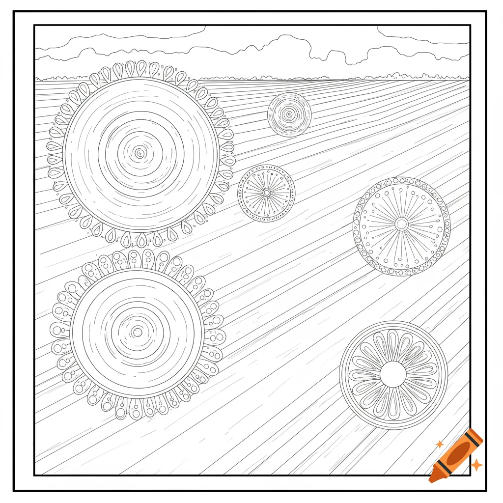 Black and white line art coloring page of stylized circular patterns in a field under a cloudy sky.