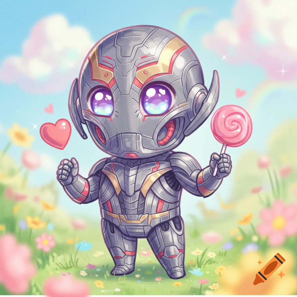 Cute chibi Ultron robot holding a lollipop in a flowery field with hearts and a rainbow.