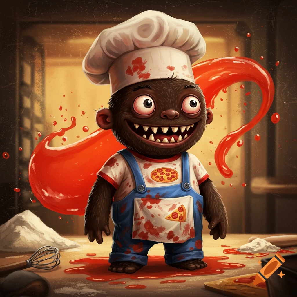 Cartoon monster in chef's hat and apron covered in red sauce in a kitchen.