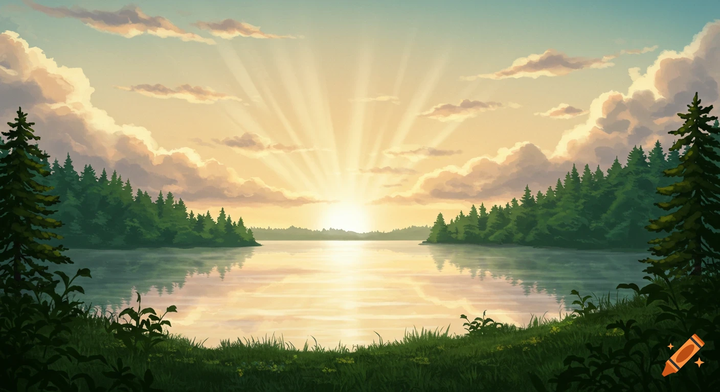 Sunrise over a calm lake surrounded by forest, stylized illustration