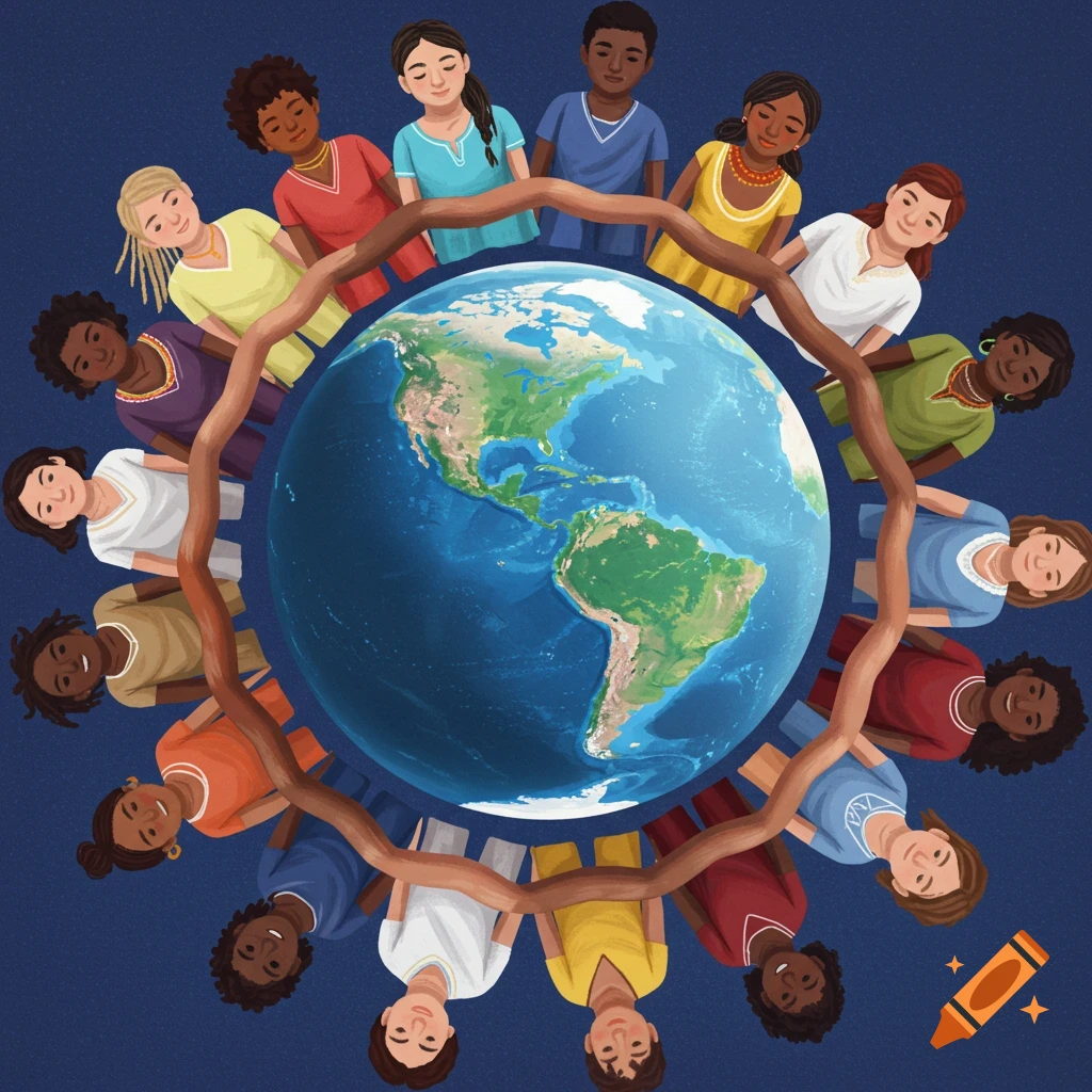 Illustration of diverse people holding hands around the globe.