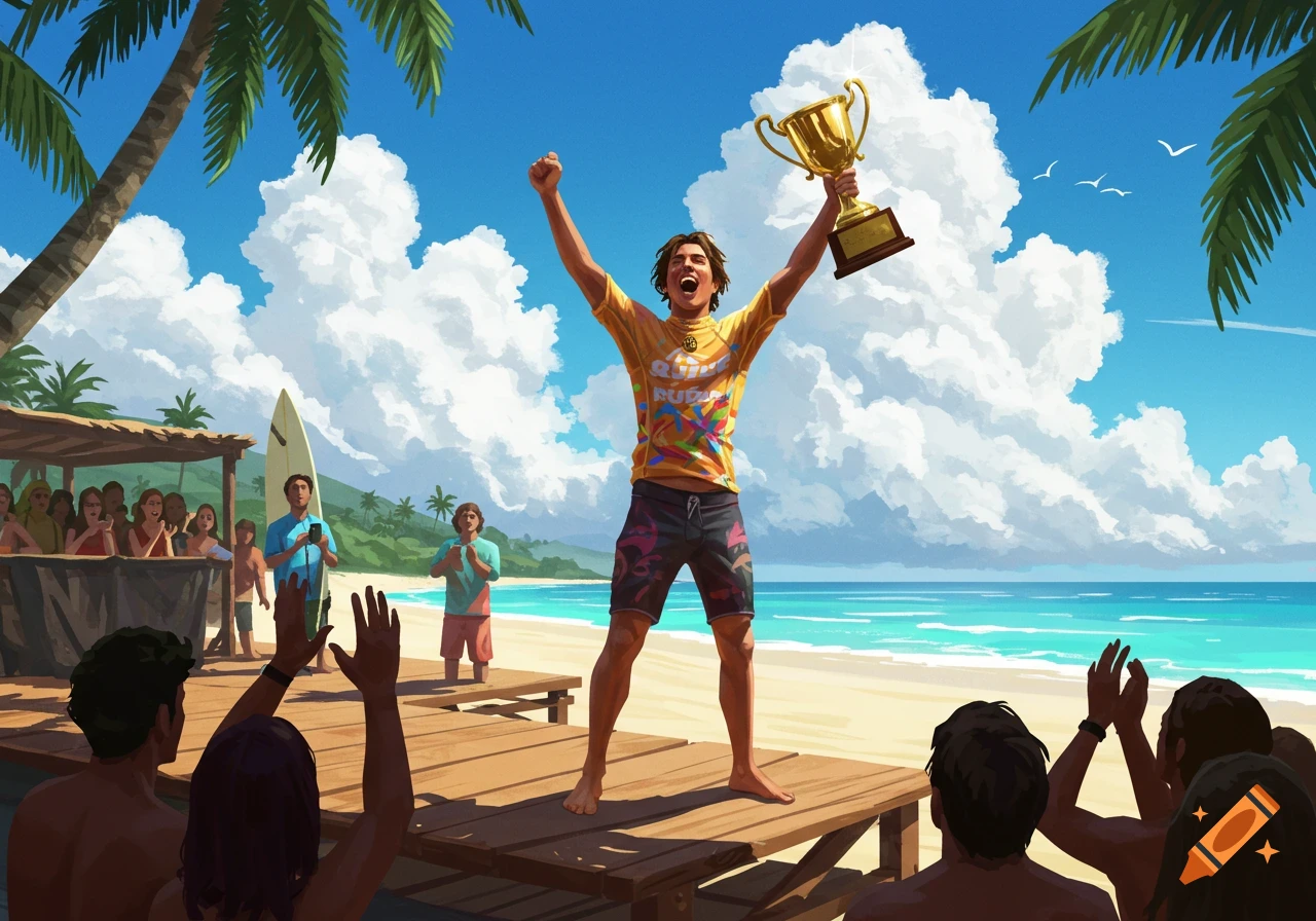 Illustrative image of a person cheering on a beach stage, holding a trophy after winning a surf competition.