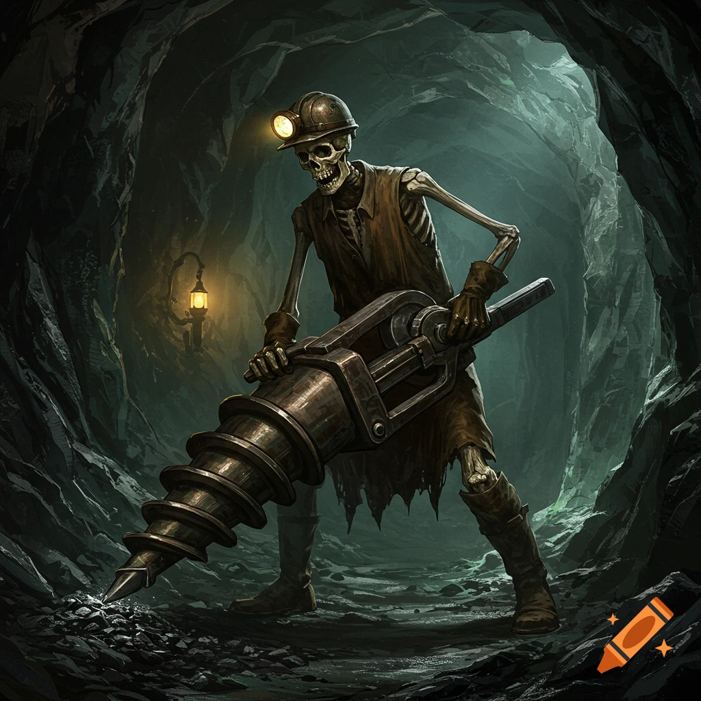 A skeleton miner in a dark cave operates a large jackleg drill.