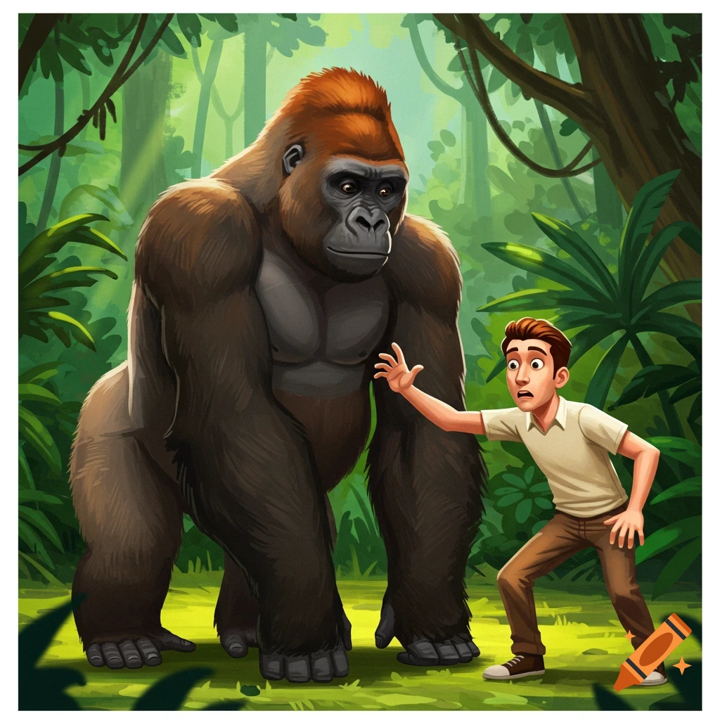 Illustration of a large gorilla towering over a scared man in a jungle.