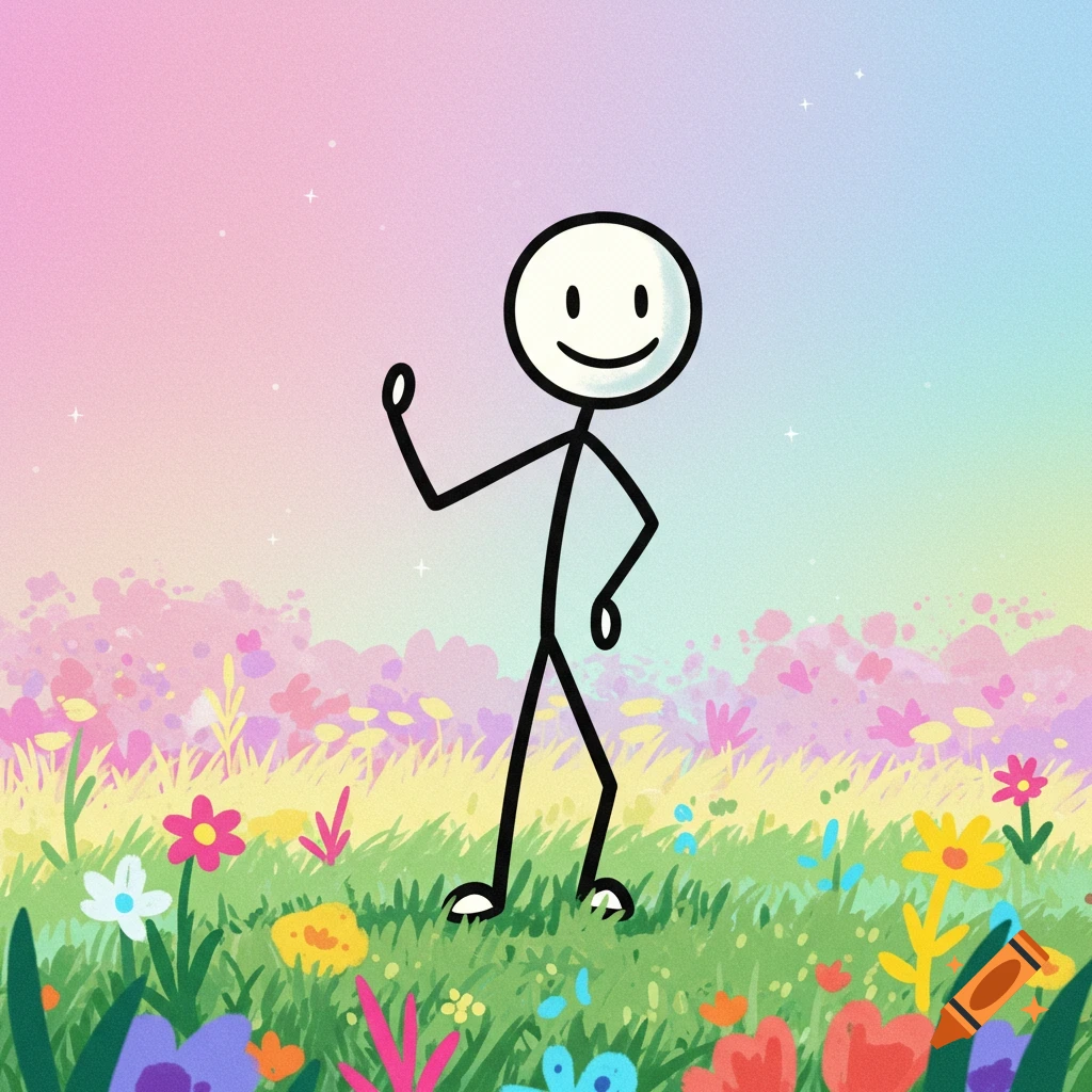 A stick figure stands in a colorful field of flowers under a pastel sky.