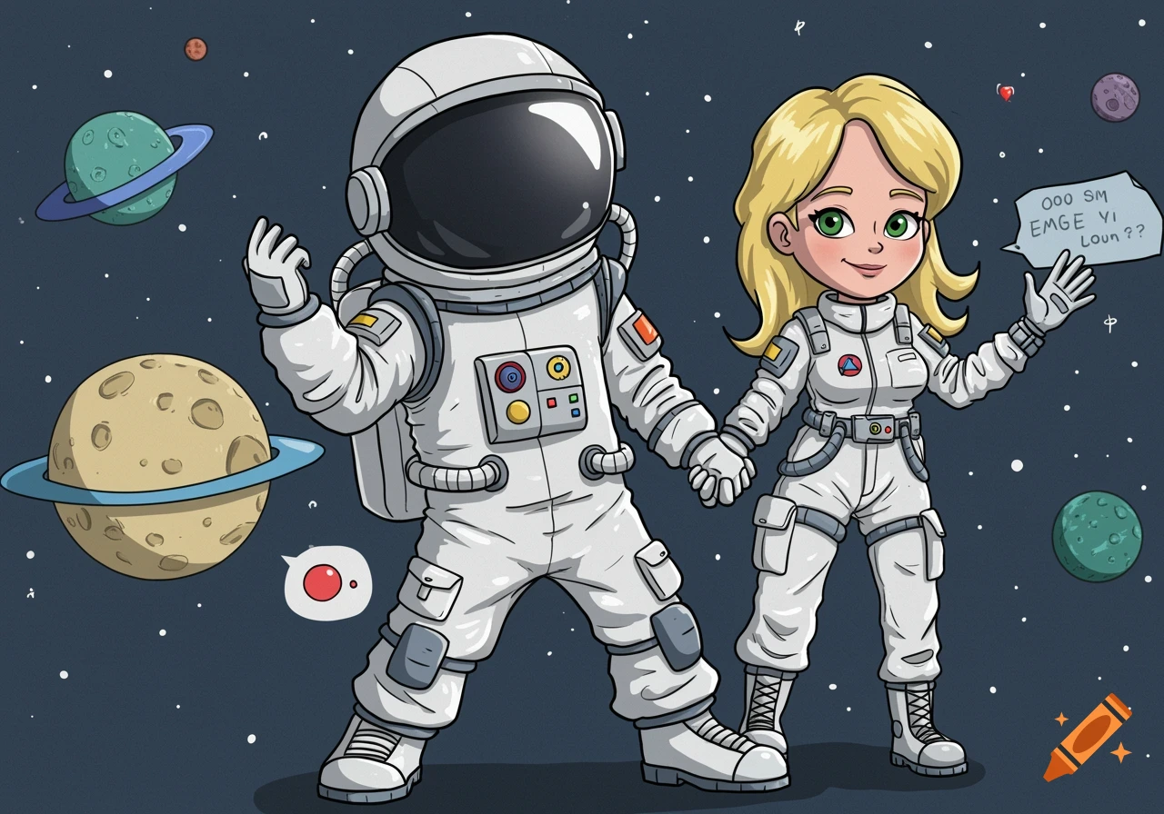 Cartoon of two astronauts, a man and a woman, holding hands in space with planets in the background.
