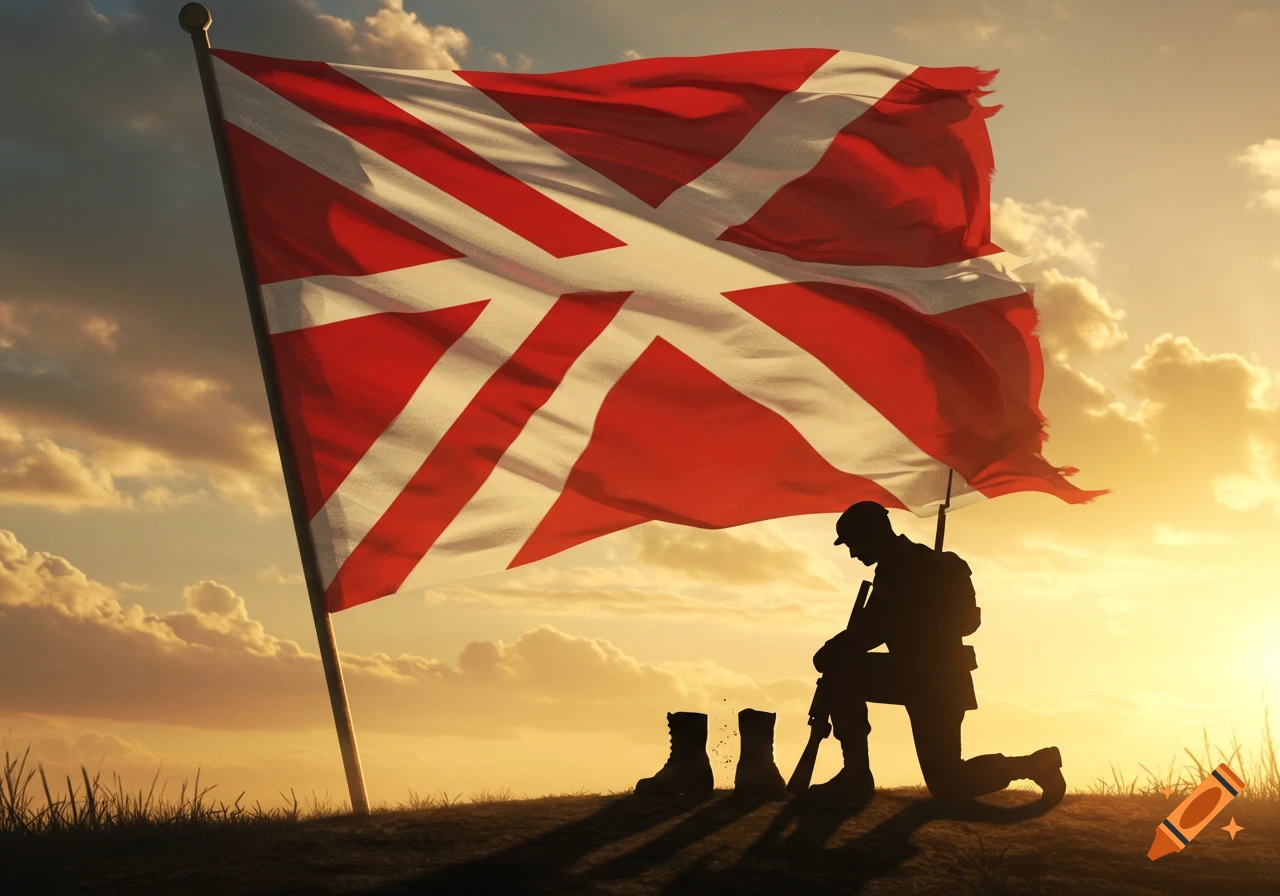 Silhouette of a soldier kneeling before a flag, boots, and rifle at sunset.