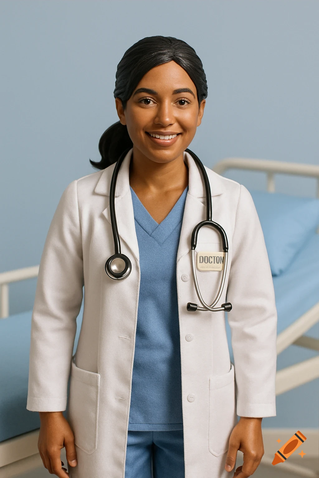 Smiling action figure of a doctor with a stethoscope and lab coat next to a hospital bed.