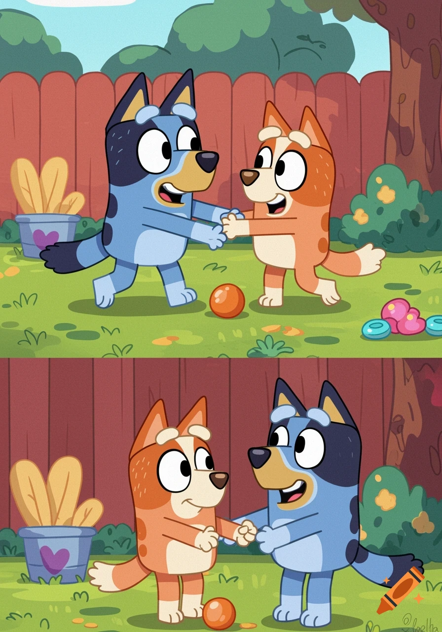 Bluey and Bingo playing in a backyard cartoon