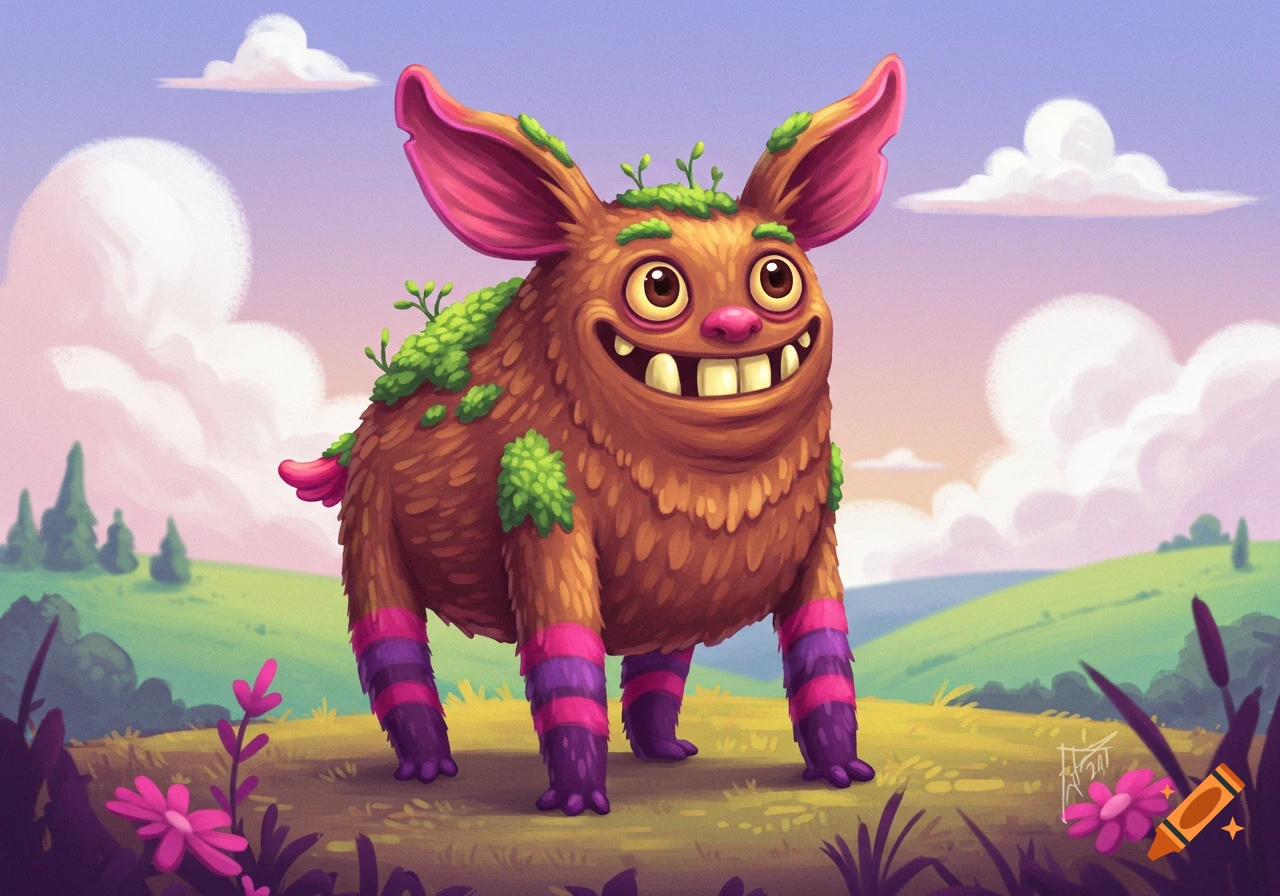 Cartoon brown furry creature with big pink ears and buck teeth stands in a grassy field.