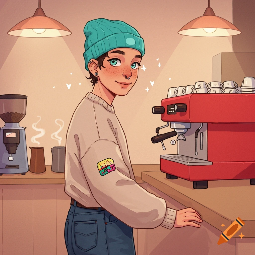 A drawing of a person with a beanie and nose ring smiling while standing by a coffee machine in a coffee shop.