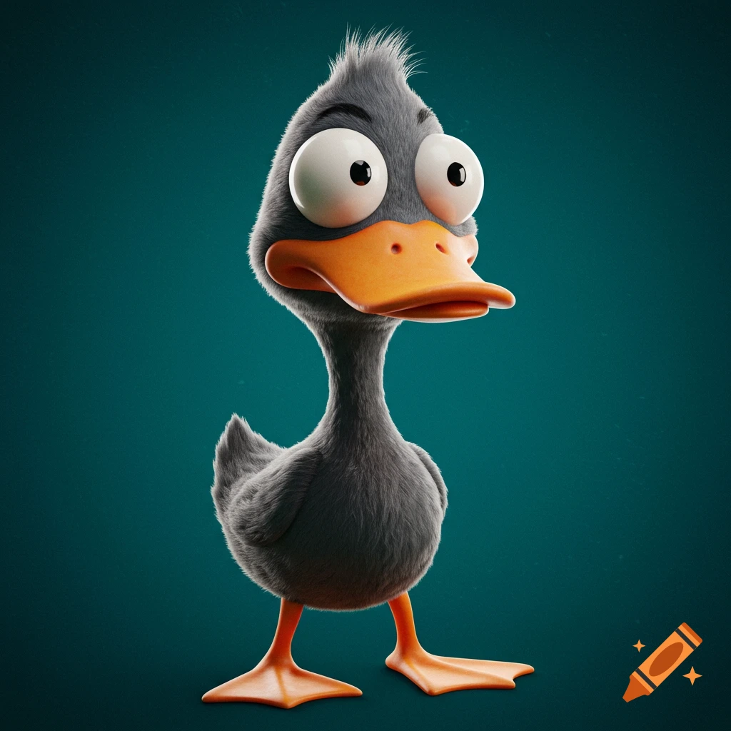 3D cartoon of a grey duck with big eyes