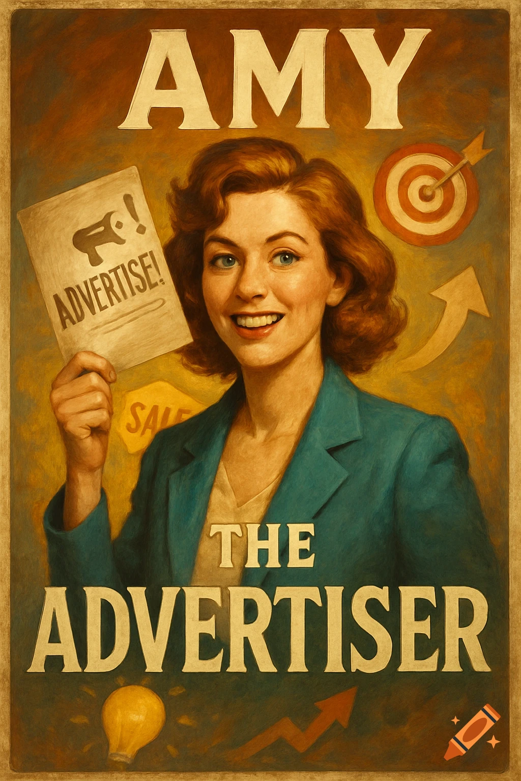 Vintage style poster titled "Amy The Advertiser" featuring a smiling woman in a teal jacket holding a paper that says "Advertise!".