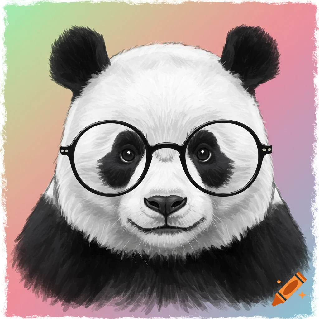 A close-up illustration of a panda face wearing round black glasses, against a gradient background.