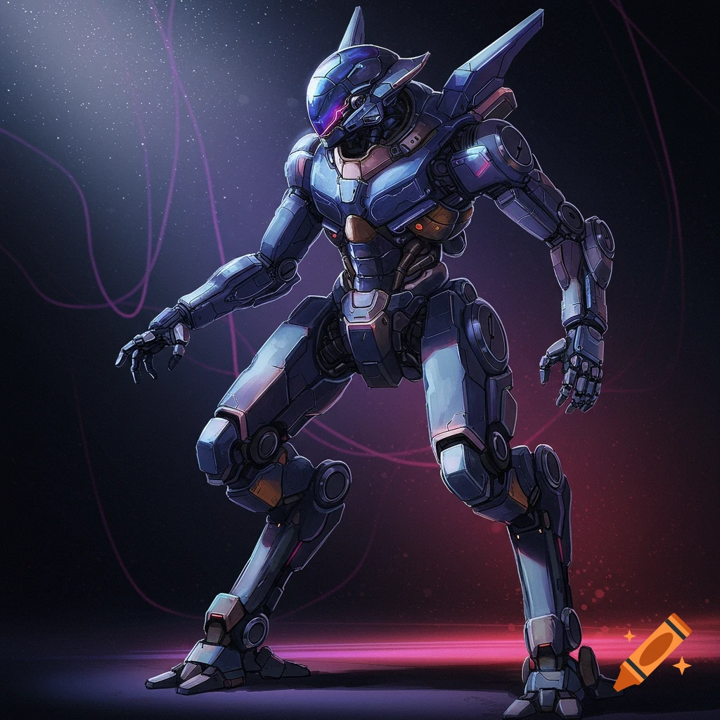 A blue and grey futuristic mech suit stands on a dark background with purple light.