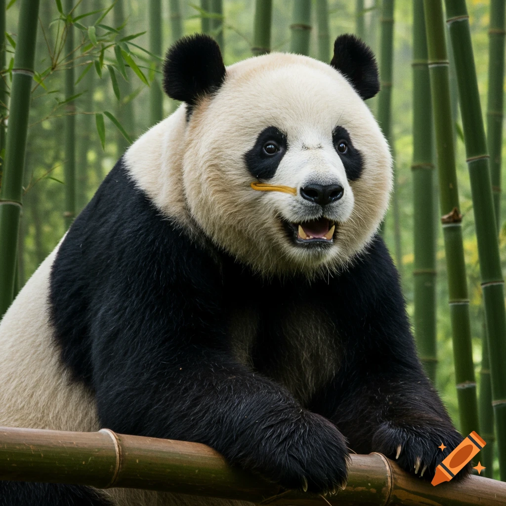 A panda sits on a bamboo stalk in a forest.