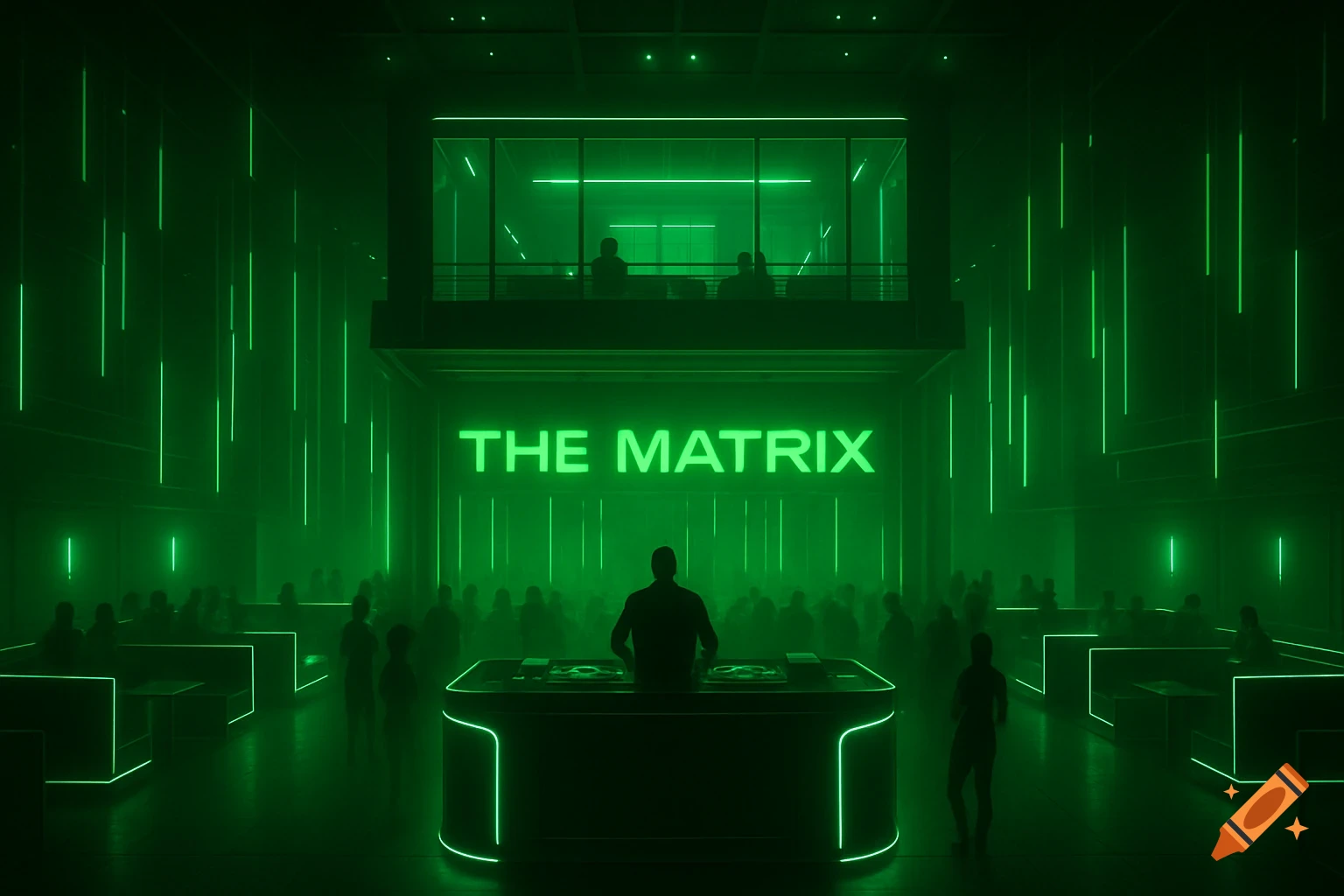 A futuristic green-lit club interior with figures, a DJ booth, an overlooking balcony, and 'THE MATRIX' text on the wall.