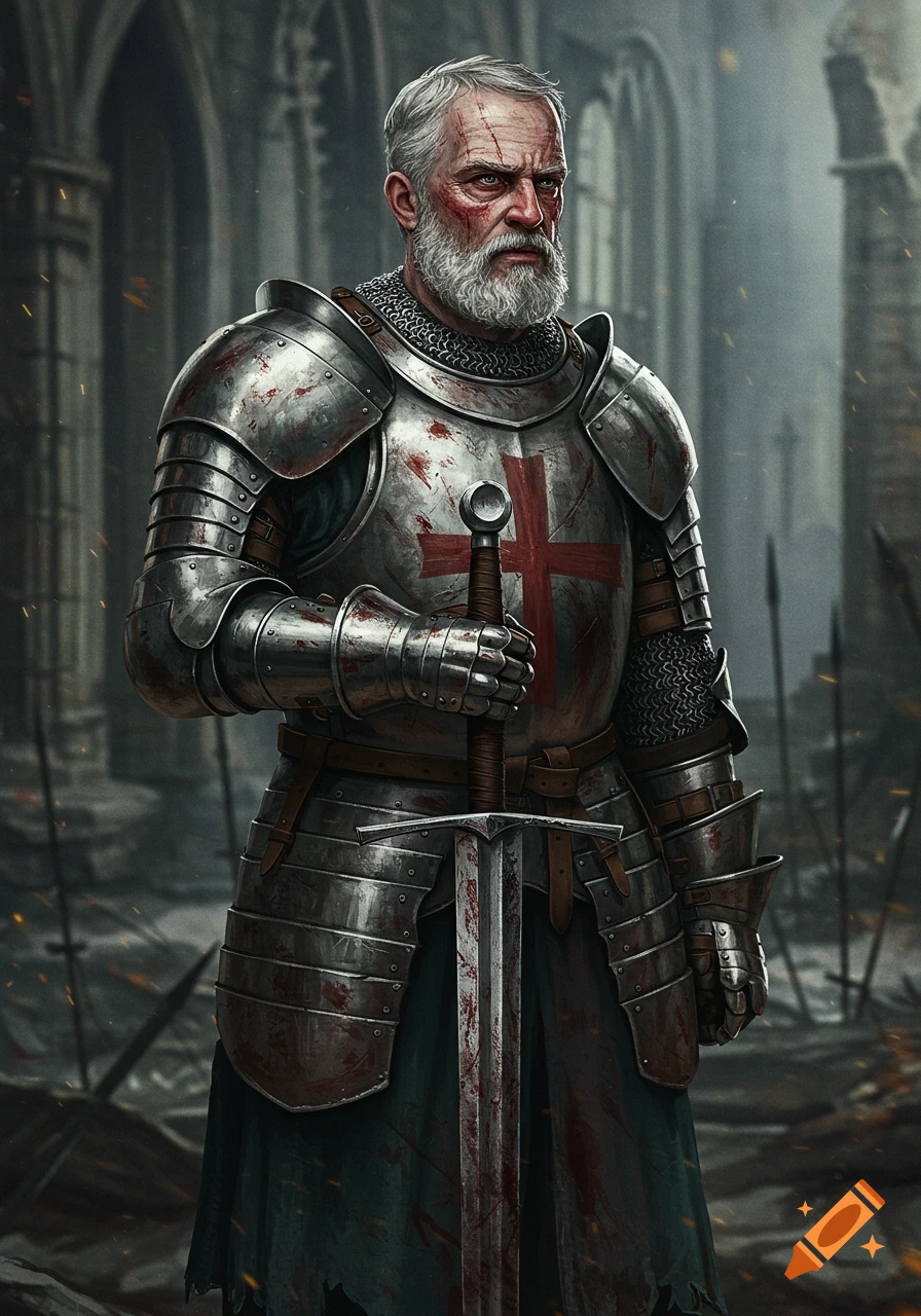 Aged knight in blood-splattered armor holds a sword in a ruined building, digital art.