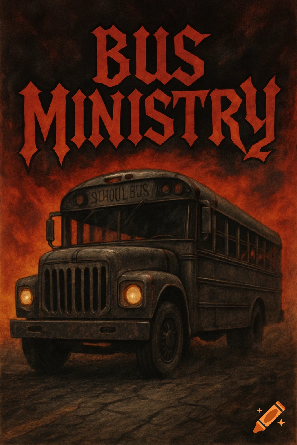 A dark, gritty poster for 'Bus Ministry' featuring a sinister school bus against a fiery red sky.