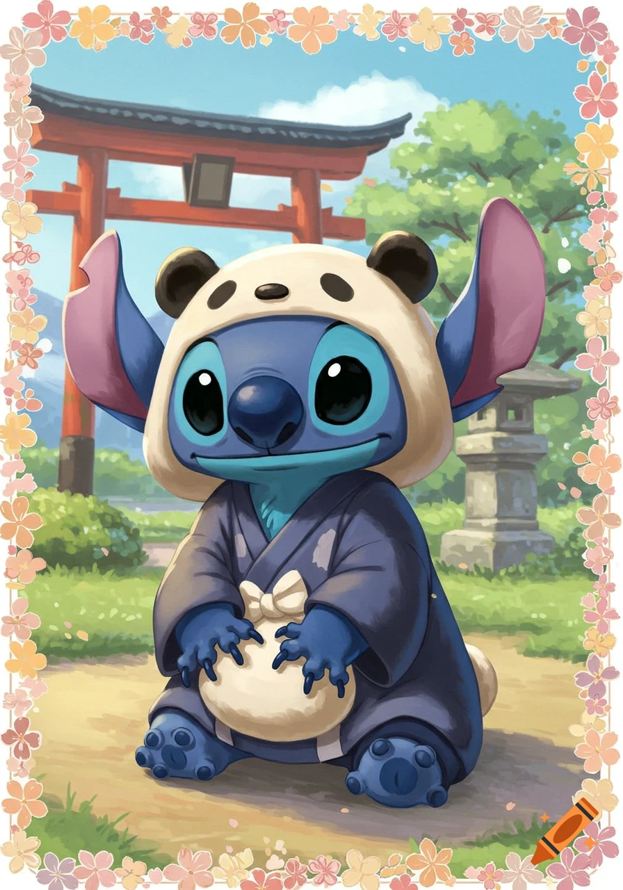 Stitch wears a panda hat and blue robe, holding a sack in a Japanese garden with a torii gate.