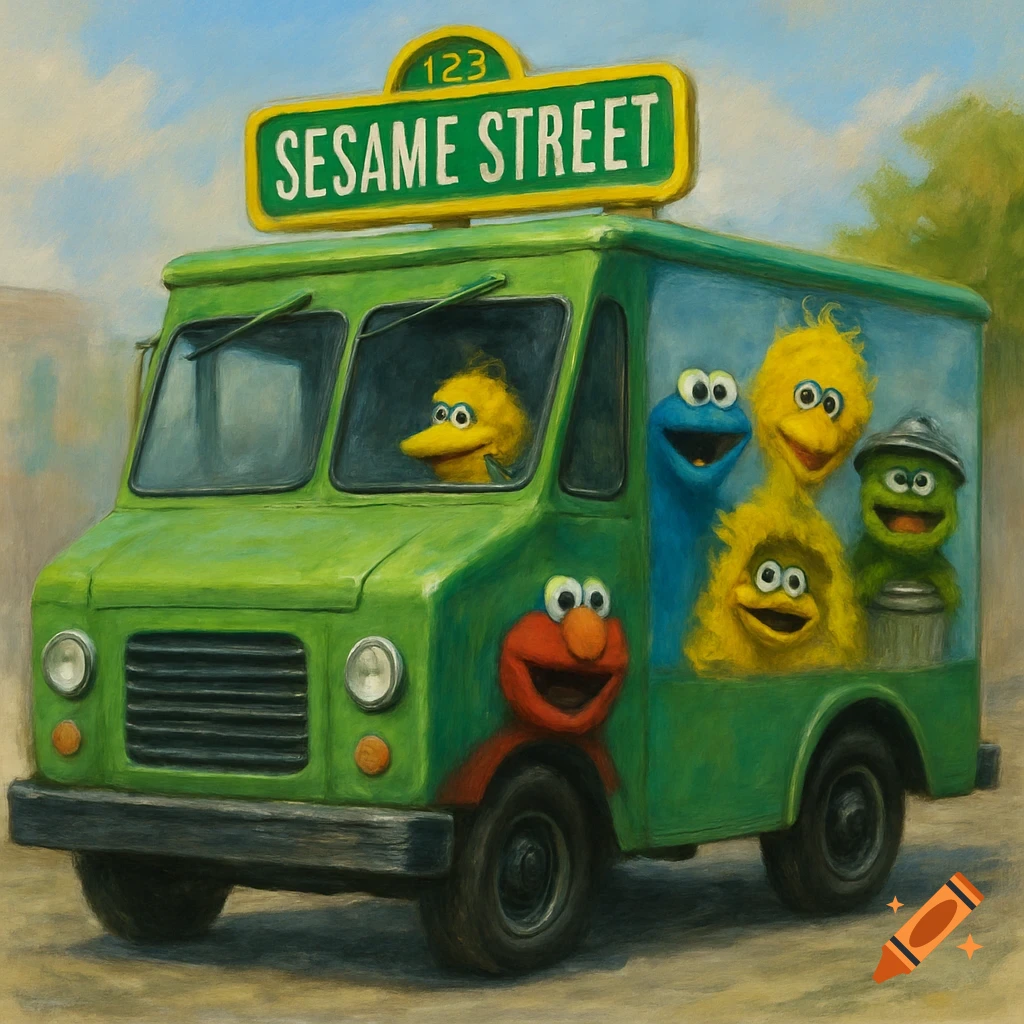Sesame Street characters in a green truck with a sign that says 'Sesame Street 123' in a painterly style.