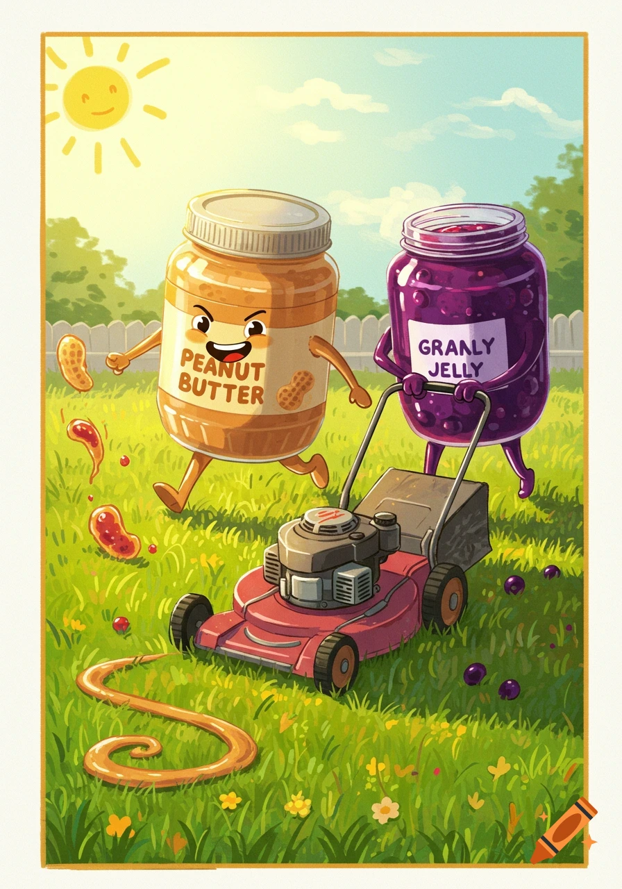 Cartoon jars of peanut butter and jelly with faces and limbs on a sunny lawn, one running and the other pushing a lawnmower.