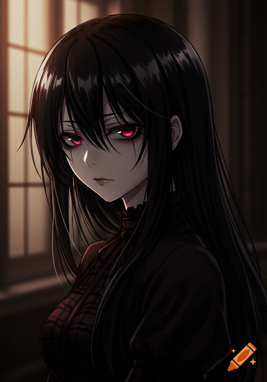 Anime portrait of a girl with long black hair and glowing red eyes, wearing a dark dress, in a dimly lit room.