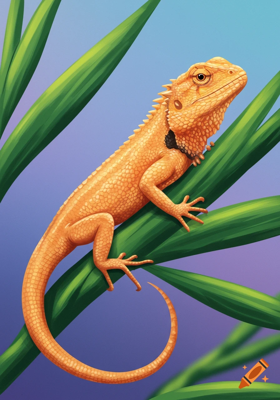 An apricot lizard illustration perched on green leaves.