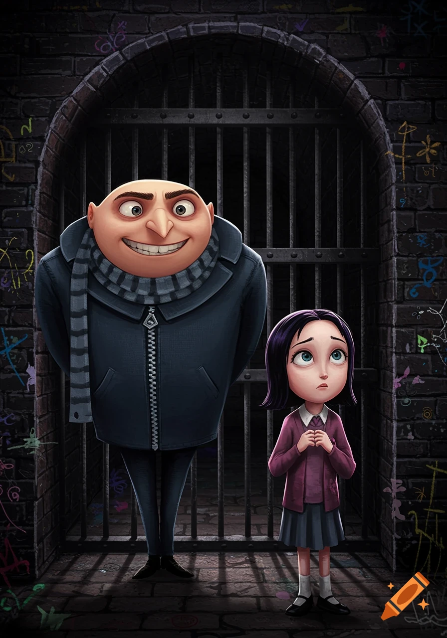 Cartoon illustration of Gru and Matilda standing in a dark brick hallway with a barred gate.