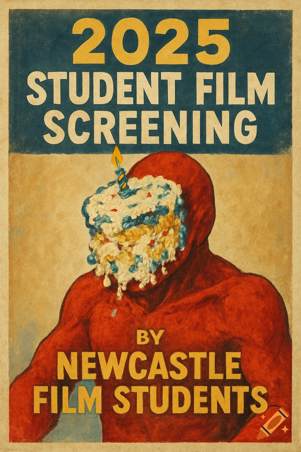 A vintage poster for a 2025 student film screening, featuring a red humanoid figure with birthday cake on its face.