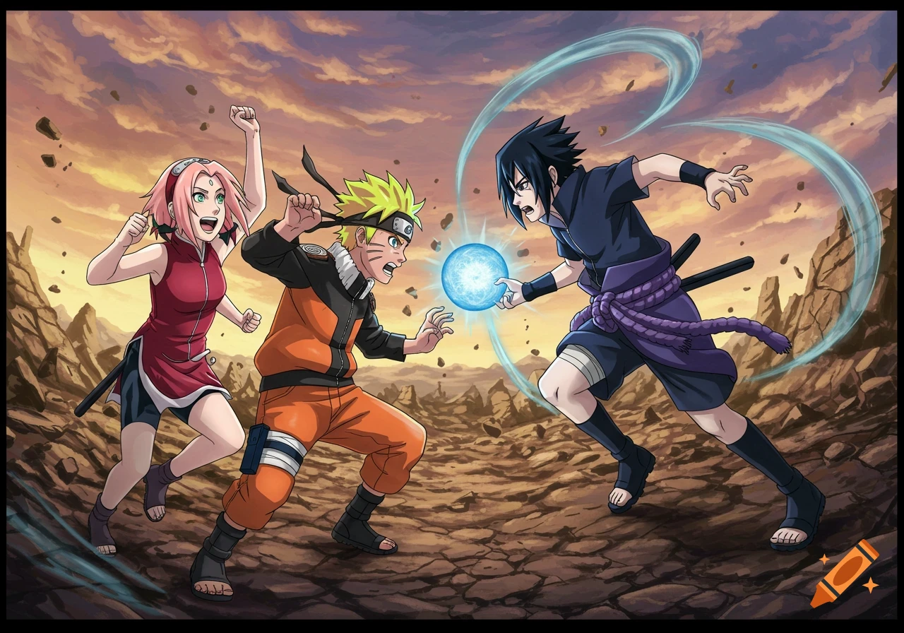 Naruto and Sasuke fight with energy attacks in a rocky landscape as Sakura cheers them on, anime style.