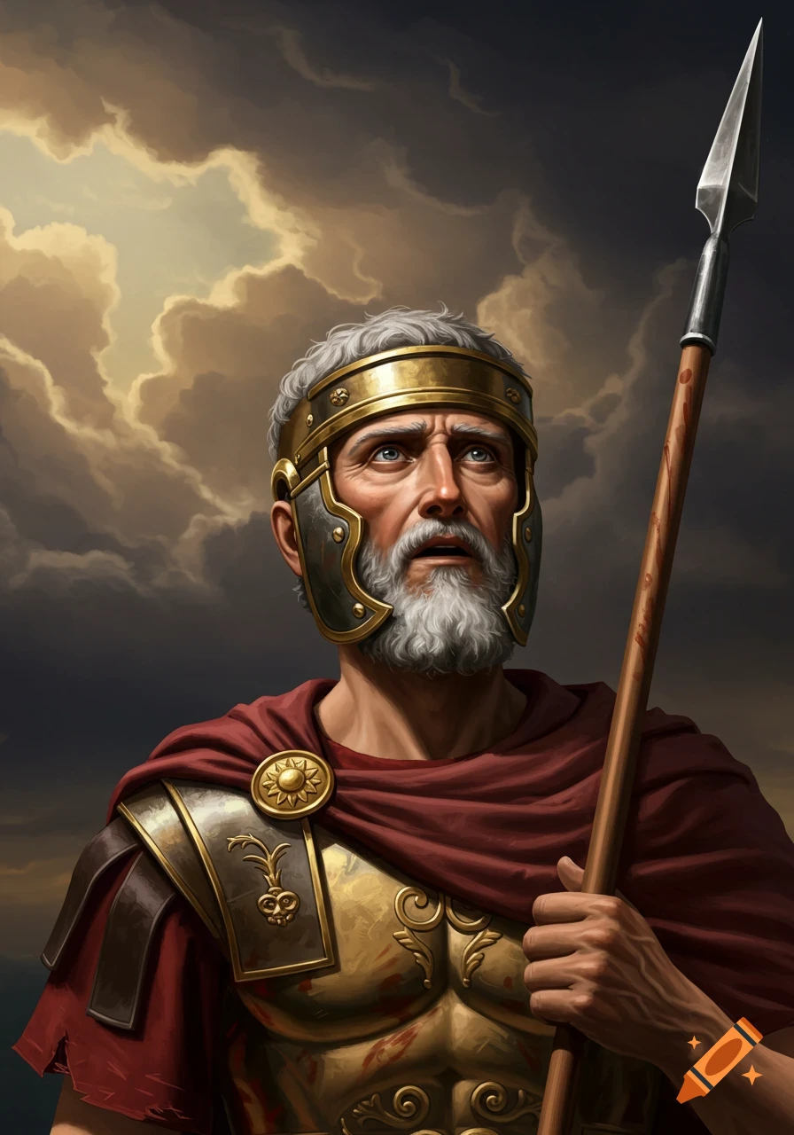 Old Roman soldier with spear looks up at stormy sky.