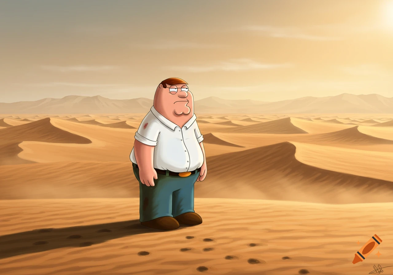 Peter Griffin looks sad standing alone in a vast desert landscape with sand dunes.