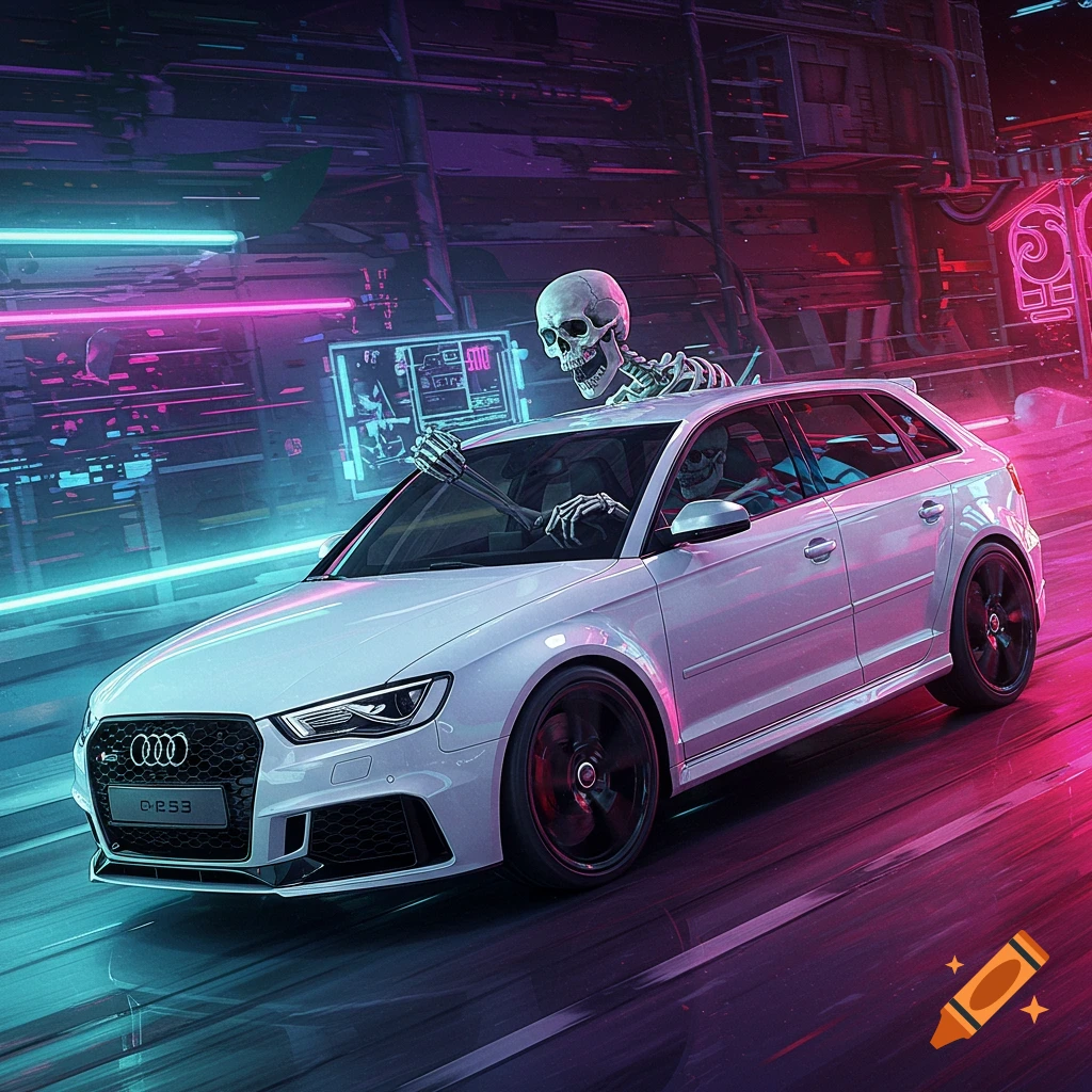 Skeleton drives a white Audi RS3 through a vibrant neon cyberpunk city street.