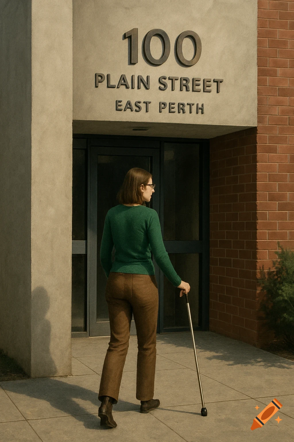 A woman with a walking stick walks towards a building marked '100 PLAIN STREET EAST PERTH'.