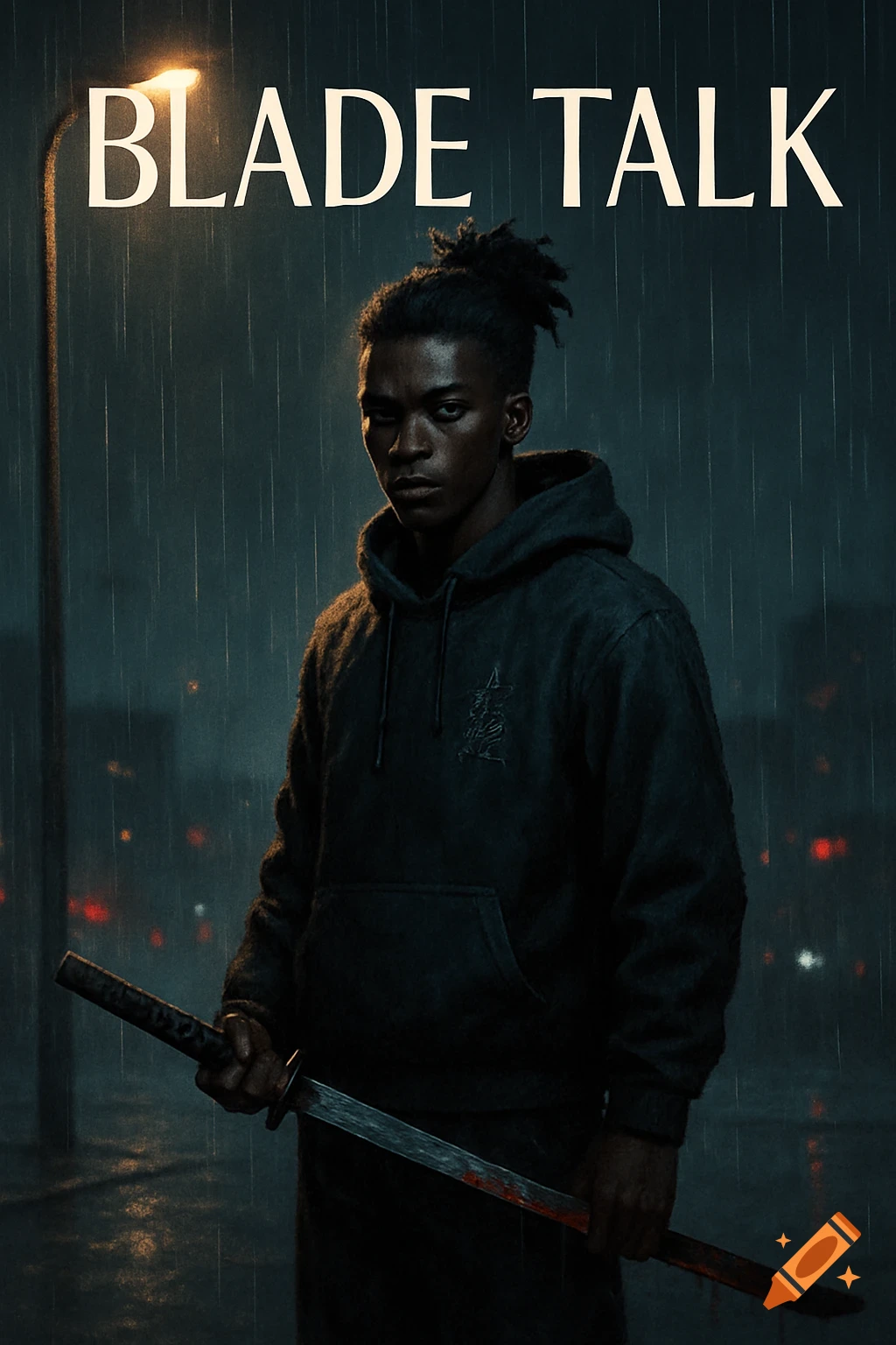 Young Black man with a sword stands in rain under a streetlight. Cinematic, dark style.