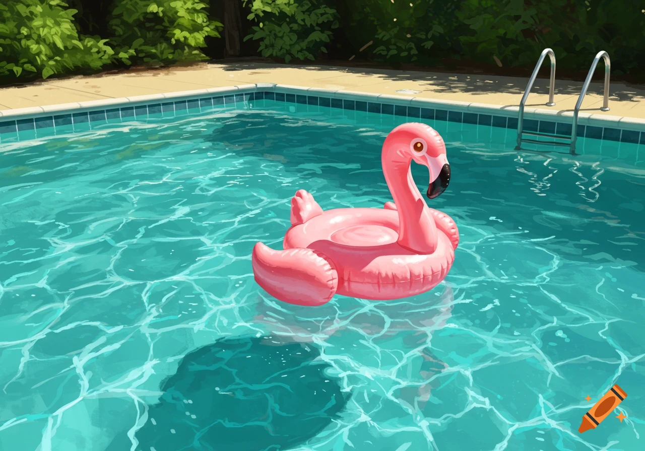 A pink flamingo pool floatie drifts in a swimming pool, rendered in a painterly style.