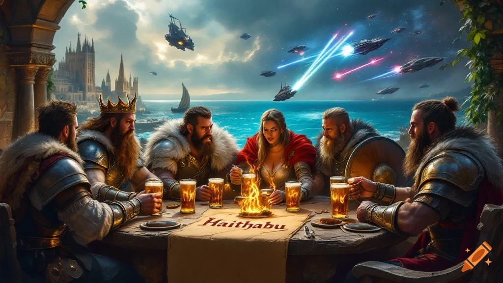 Fantasy image of people in Viking attire drinking while spaceships battle in the sky.