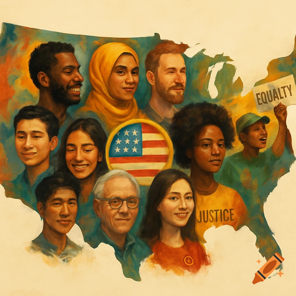 Painting of diverse faces over a USA map outline with an American flag, text says 'Equality' and 'Justice'.