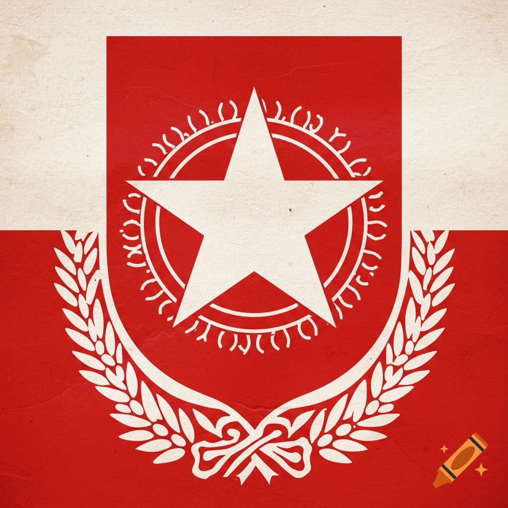 Graphic symbol with a white star, circle pattern, and laurel wreath on a red and white background with texture.