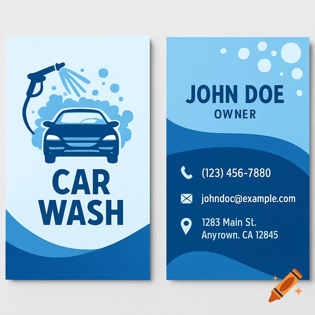 Front and back of a blue business card for a car wash service with logo and contact information.
